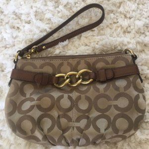 Coach Signature Tan / Gold Logo Wristlet / Clutch with Buckle and Leather Trim